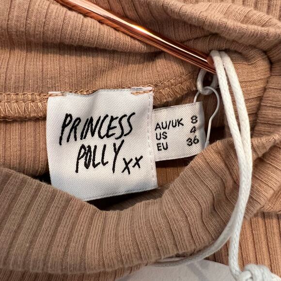 Princess Polly Savoy Long Sleeve Mini Dress Beige Tan Ribbed Knit Mock Neck - Picture 8 of 9